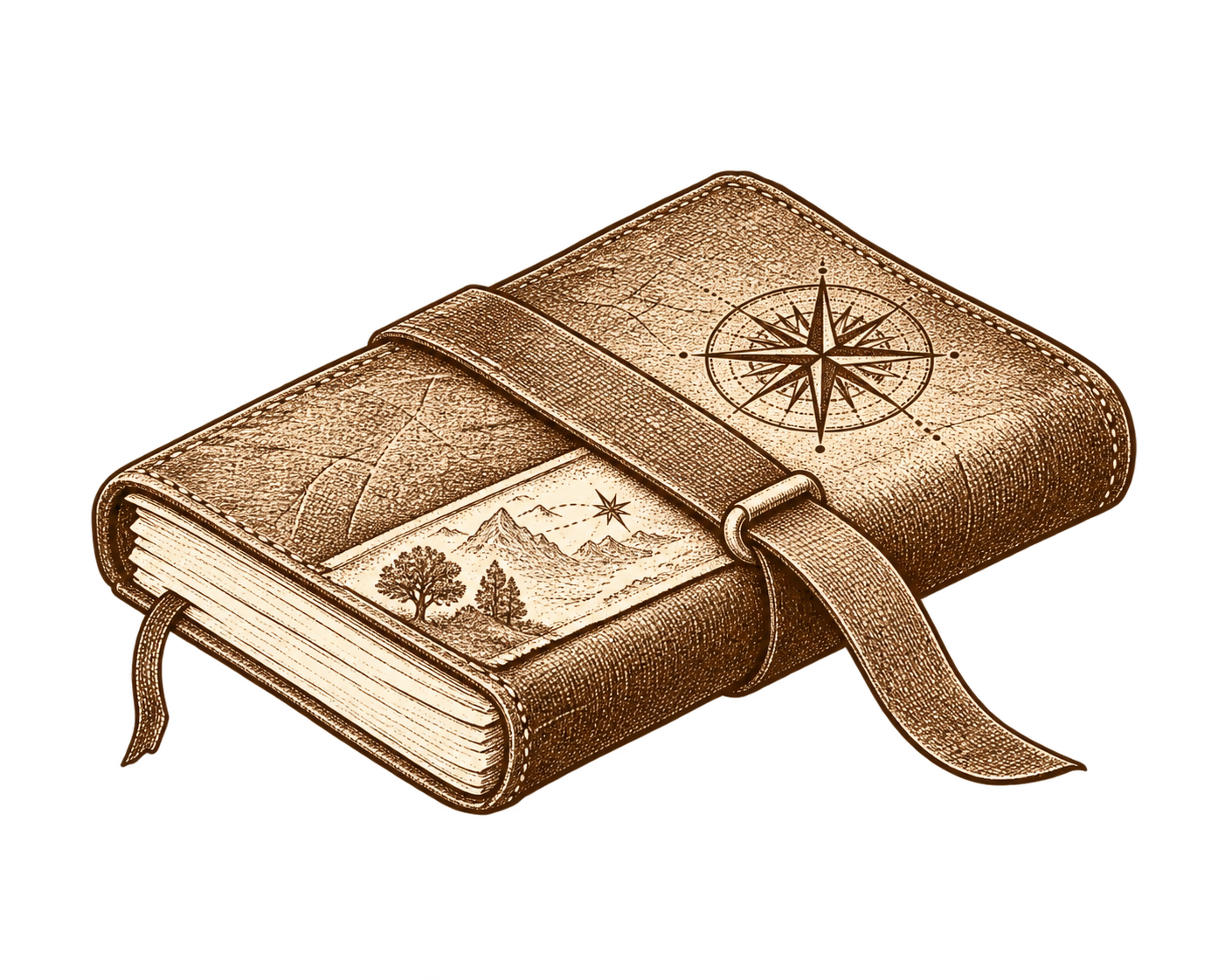 Diario de viaje de cuero con una brújula grabada y un mapa de montañas, en sepia