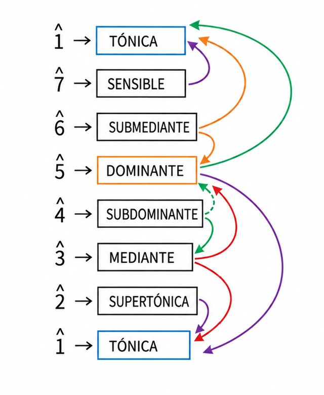 Diagrama de funciones armónicas sin pentagrama: cada grado (del 1 al 7) con su nombre de función —tónica, sensible, submediante, dominante, subdominante, mediante, supertónica— y flechas de colores que muestran hacia dónde tiende cada grado.